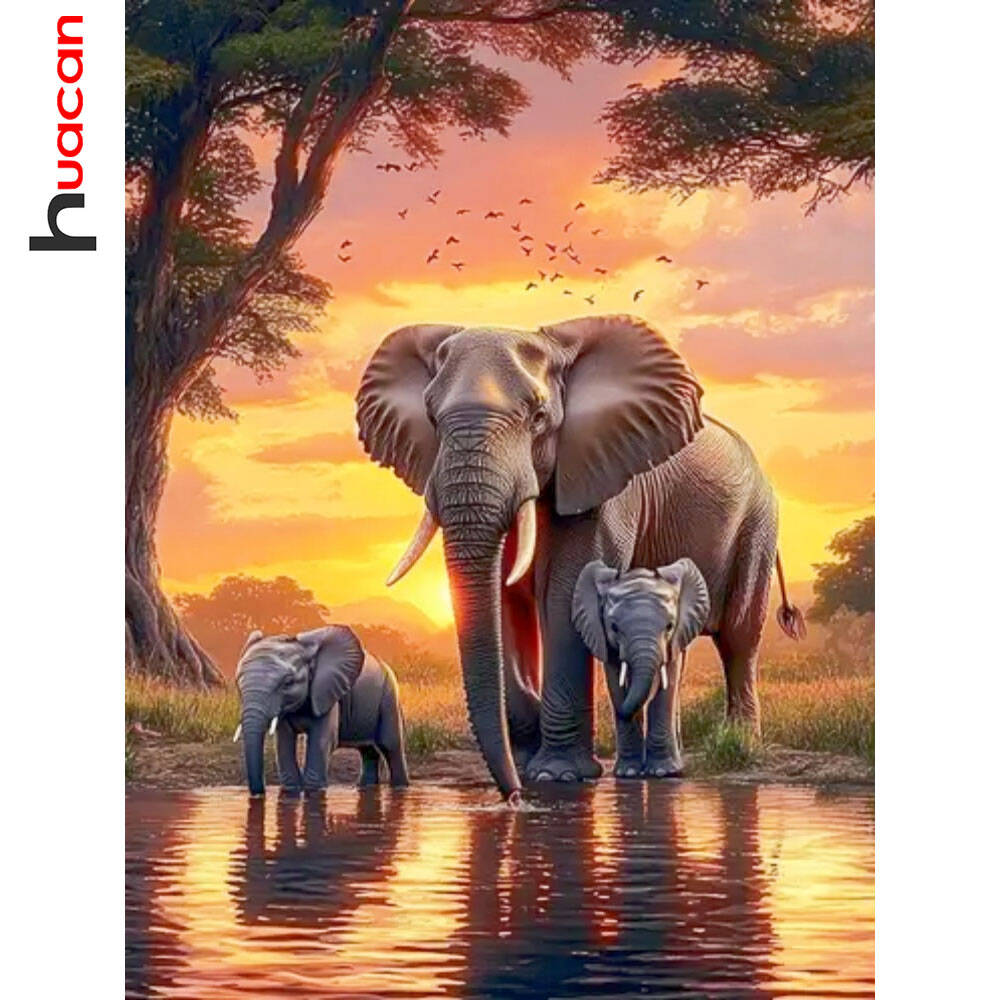 Resin Art Wallpaper - Huacan Слон Закат Пейзаж Алмазная Мозаика